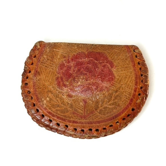 Vintage Hand Tooled Leather Coin Purse Snap Closure Floral Design Front And Back - Picture 8 of 9